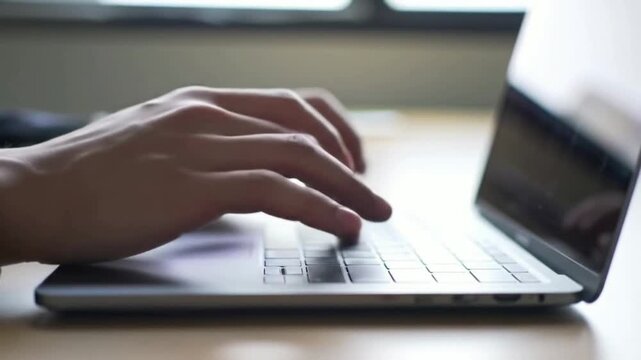Laptop typing hands working on computer keyboard in modern office setting for business communication project