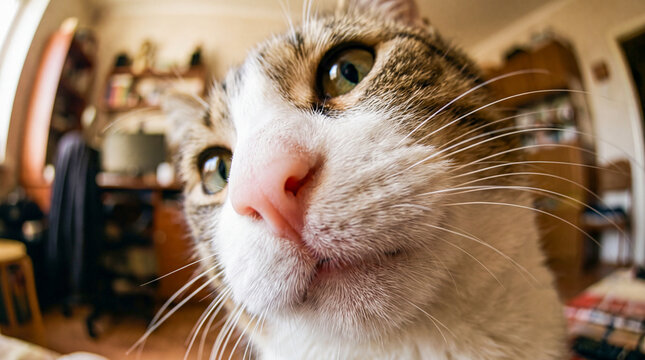 A funny and curious cat looks directly into the camera. The extremely fisheye close-up highlights the cute pink nose and long mustache of the pet.