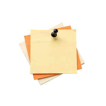Stack of three square sticky notes in yellow and orange colors secured with a single black push pin isolated on a transparent background