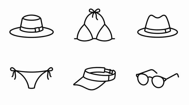 Minimalist summer vacation and beach wear line art icon set featuring sun hat bikini swimwear visor and vintage sunglasses for travel branding