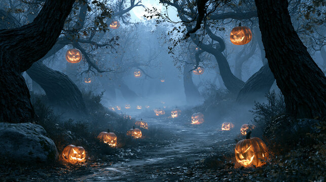 Spooky dark forest at night with glowing pumpkins and mist