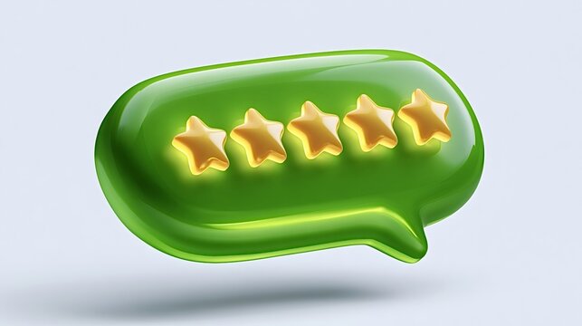 Green glossy speech bubble illustrating positive feedback and excellence with five glowing golden stars, representing a top customer review and satisfaction