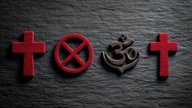 A symbolic representation of atheism or secularism, with icons of religious symbols crossed out in red.
