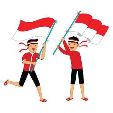Two Boys Holding Indonesian Flag Celebration Illustration