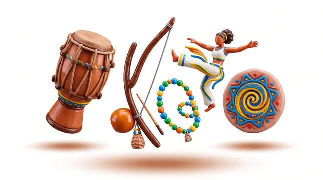 3D icon of an atabaque drum, a berimbau, beaded jewelry, a dance figure, a geometric symbol in glossy clay material, soft rounded shapes and vibrant saturated colorsisolated on white background
