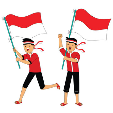 Two Boys Holding Indonesian Flag Celebration Illustration