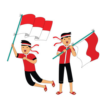 Two Boys Holding Indonesian Flag Celebration Illustration