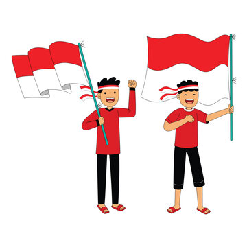 Two Boys Holding Indonesian Flag Celebration Illustration