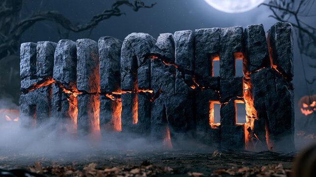Cinematic Halloween stone carving with glowing fire in misty night
