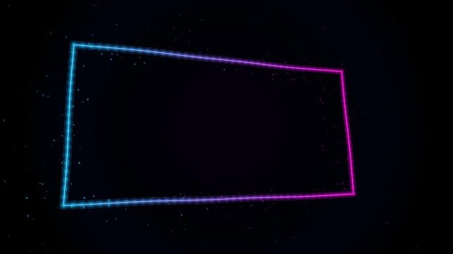 Abstract glowing neon cyan and magenta rectangular frame with floating particles. Futuristic cyberpunk border and text placeholder loop.