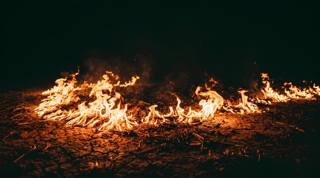 Line of burning embers and flames on dark ground at night.