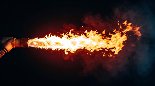Orange flame stream from nozzle on black background.