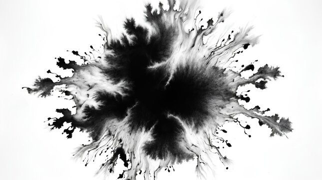 Black ink splash with irregular edges on white surface.