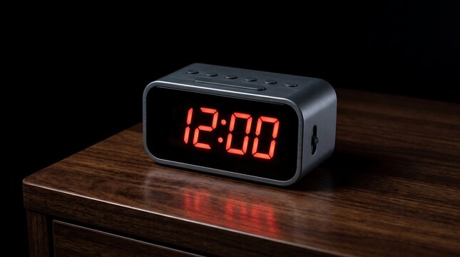 Digital alarm clock displaying 12:00 AM with red LED numbers sitting on a wooden nightstand in a dark room.
