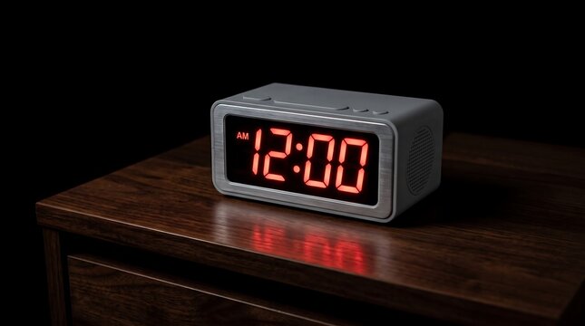 Digital alarm clock displaying 12:00 AM with red LED numbers sitting on a wooden nightstand in a dark room.