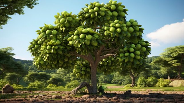 A photo of a breadfruit tree with large fruits