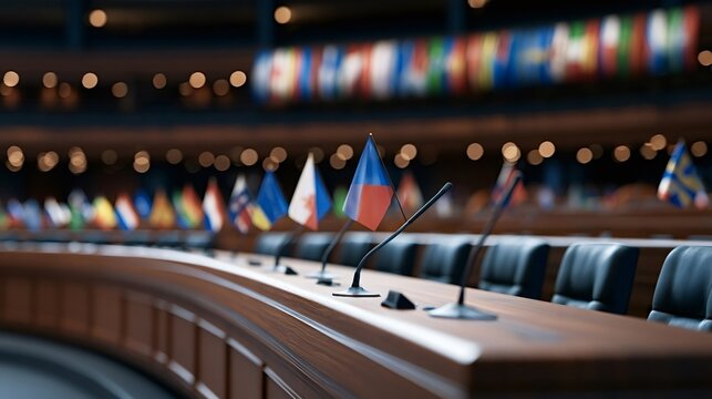 Empty international conference room with flags, microphones, and chairs, symbolizing global cooperation, diplomacy, and important discussions among nations