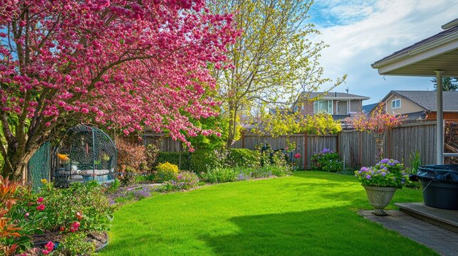A vibrant spring garden in full bloom, showcasing recent planting efforts.