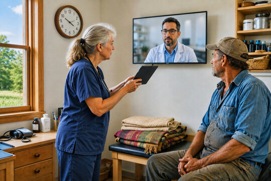 Nurse explains medical details to a senior farmer during a telemedicine consultation.