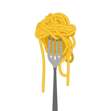 Spaghetti on fork vector illustration, Italian pasta flat design clipart