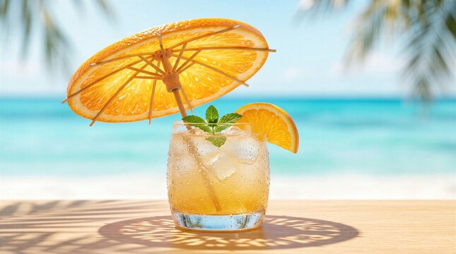 Creative summer beverage visual with orange or lemon umbrella slice, focused on hydration, flavor and playful premium freshness.