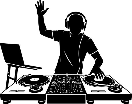 Silhouette of a dj with headphones playing music on turntables and laptop