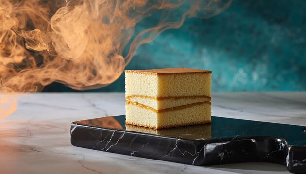 Delicious layered cake on a marble surface with smoke effect.
