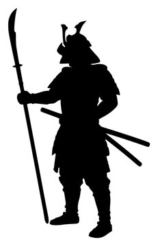 Samurai silhouette set with full armor featuring katana, naginata, wakizashi with helmet and traditional clothing