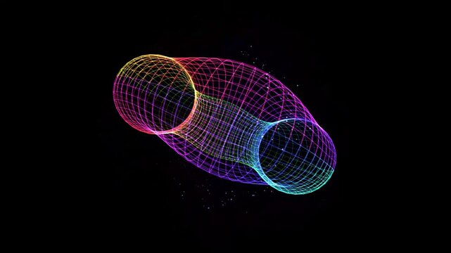 Abstract rainbow wireframe torus rotating on black background.