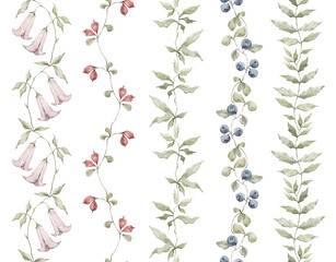 Watercolor seamless floral borders with berries, flowers, leaves, branches. Botanical ornaments. Blossom nature © Kate K.