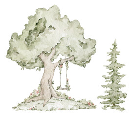 Watercolor oak tree with swing, pine tree. Green foliage, hand drawn forest elements © Kate K.