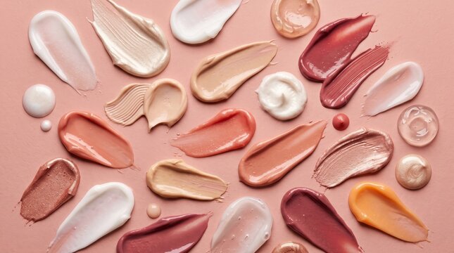 An artistic arrangement of cosmetic swatches in various shades of pink, peach, and cream, displaying diverse textures and finishes, arranged aesthetically on a pastel background.