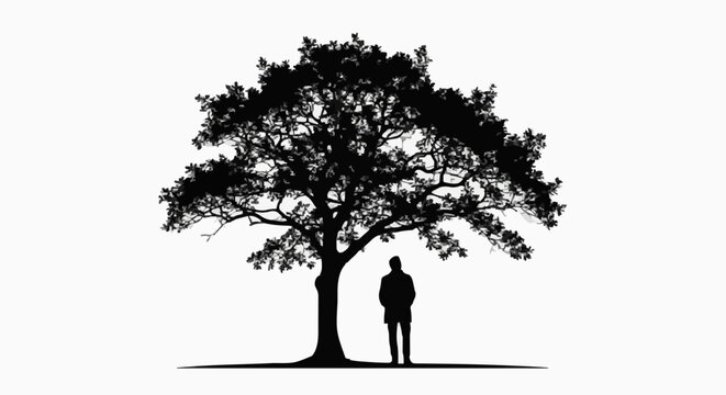 silhouette of a man standing under a large oak tree