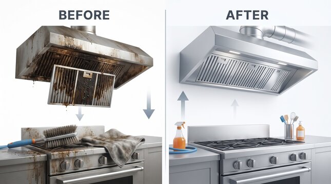Stainless steel kitchen range hood before and after cleaning showcasing appliance maintenance