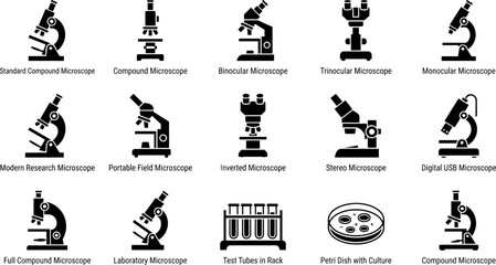 Naklejka premium Set of various types of laboratory microscopes and scientific equipment icons