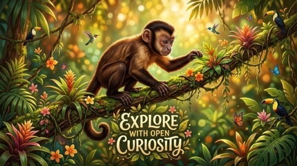 Naklejka premium Curious monkey explores vibrant, lush rainforest teeming with tropical flora, fauna, and colorful butterflies, inspiring adventure and discovery