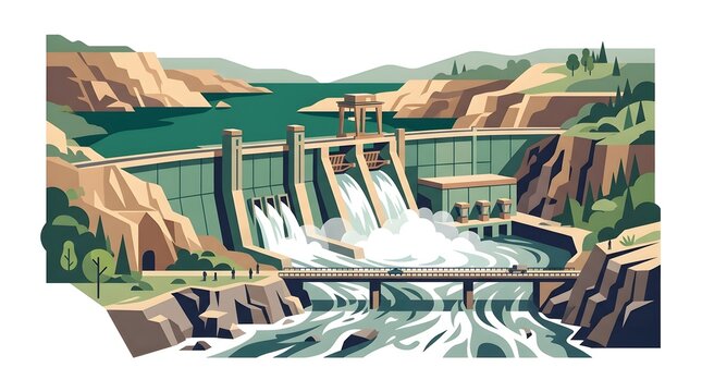 Hydroelectric Power Plant Vector Illustration