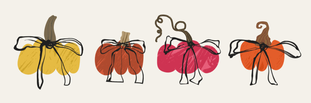 Set of colorful fall pumpkins with ribbon bows and curled stems in hand drawn vector style