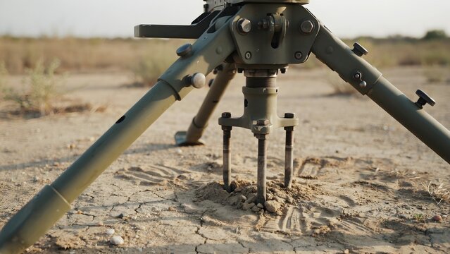 Military Equipment Mounted on Dry Ground with Distant Landscape