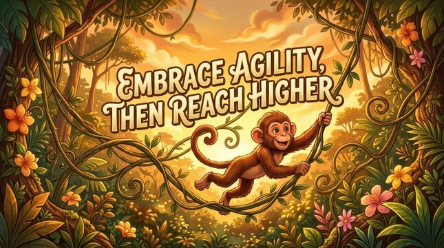 Charming cartoon monkey swinging on vines in a vibrant jungle at sunset, with motivational text 'EMBRACE AGILITY, THEN REACH HIGHER'