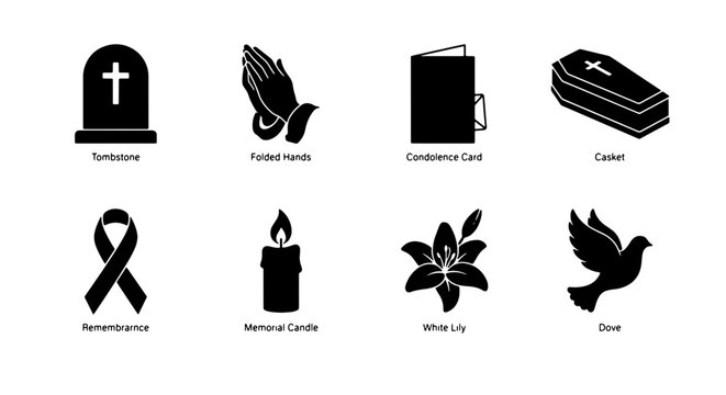 Funeral Icons Set: Tombstone, Praying Hands, Condolence Card, Coffin, Remembrance Ribbon, Candle, Lily, Dove, Grief Symbols, Memorial Graphics