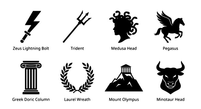 Greek Mythology Icons Set: Zeus Lightning Bolt, Trident, Medusa, Pegasus, Doric Column, Laurel Wreath, Mount Olympus, Minotaur Vector Graphics