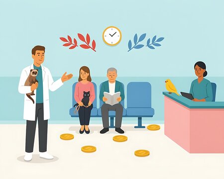 Veterinary clinic waiting room vector illustration with diverse pet owners and patients.