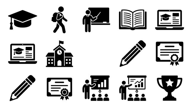 Education icons for learning and achievement presented in a simple graphic style for conceptual use