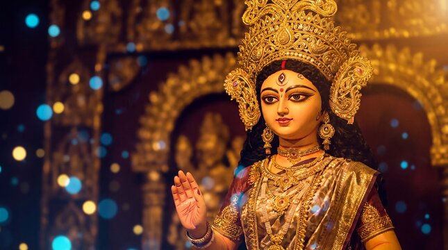 Sacred idol of goddess durga adorned with ornate golden jewelry celebrating maha ashtami during navratri festival with shimmering bokeh lights