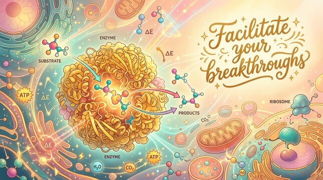 Biochemical Process Illustration: Enzyme Catalysis and Cellular Respiration with Text "Facilitate Your Breakthroughs"