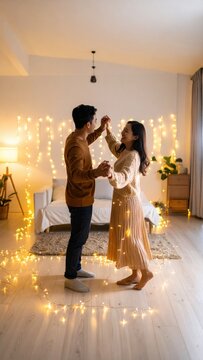 Young couple dancing romantically in a bedroom decorated with fairy lights.