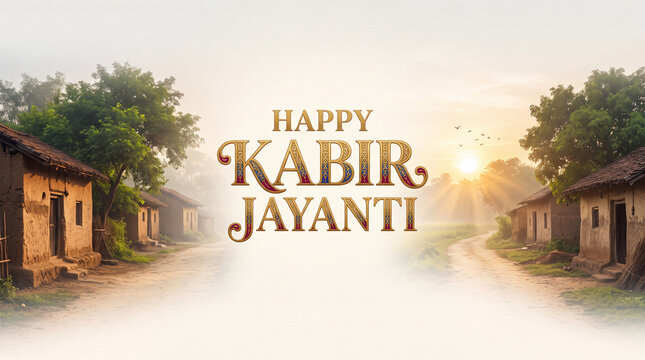 Serene village street scene at dawn celebrating Kabir Jayanti with peaceful rural surroundings and early morning sunlight