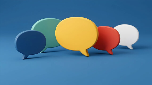 3D colorful speech bubbles on blue background representing teamwork discussion and customer feedback for social media and communication concept.