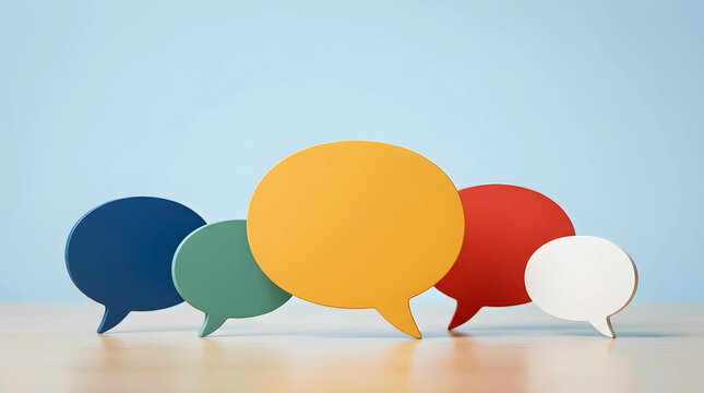 Group of colorful speech bubbles on wooden table representing effective teamwork discussion and customer feedback for business communication, social media strategy, and opinion sharing.